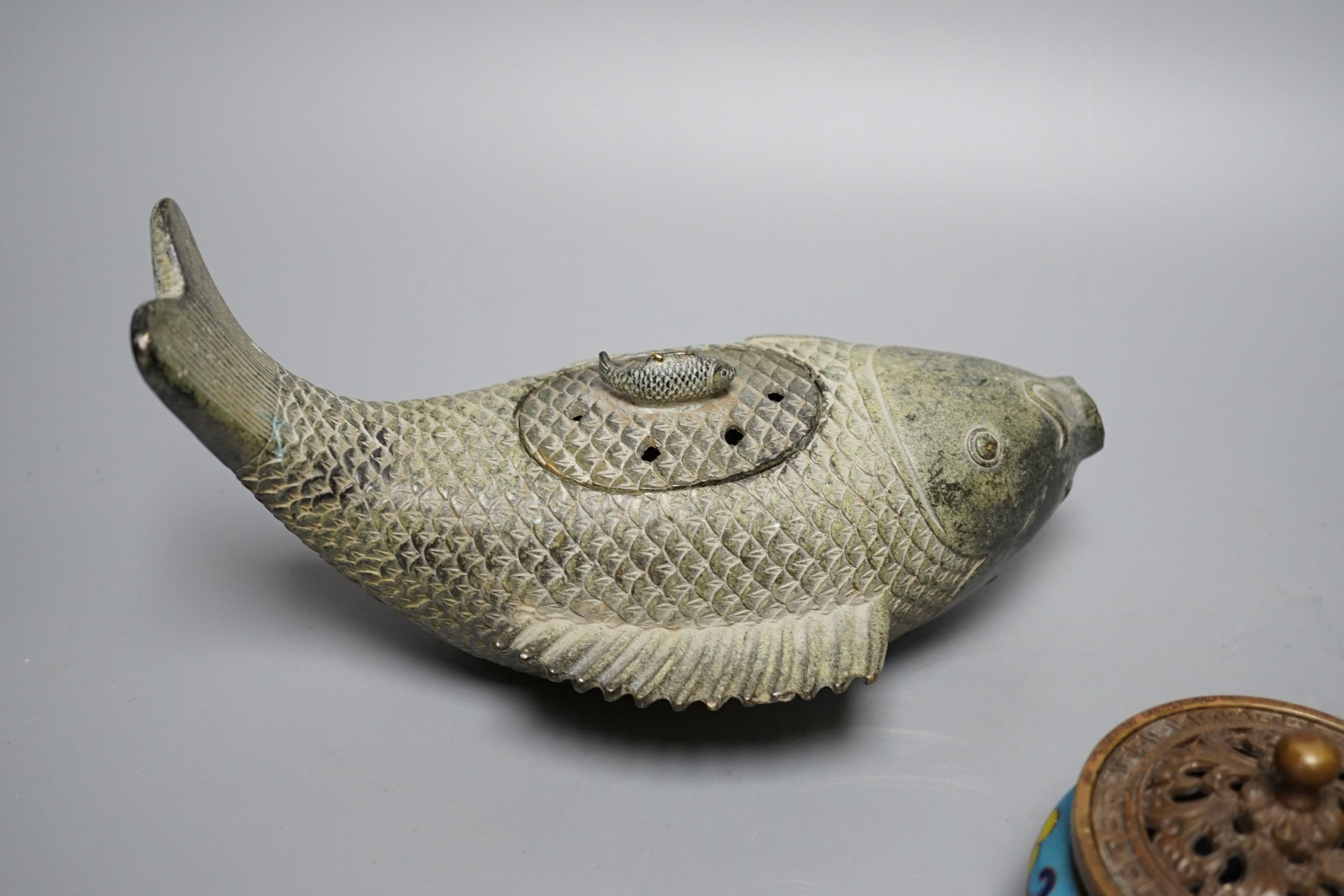 A Chinese cloisonne enamel censer and cover and a bronze fish censer 23cm